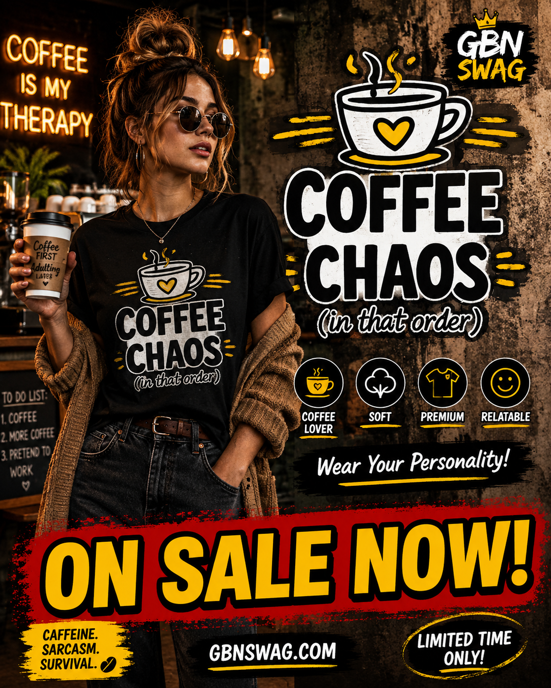 Funny Coffee T-Shirt for People Living on Caffeine and Chaos