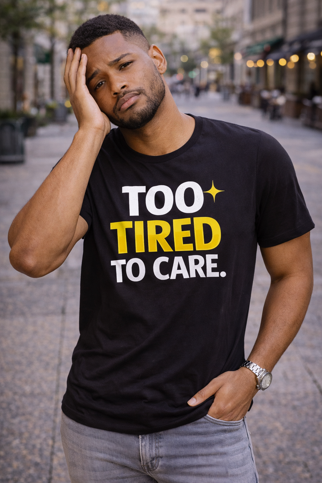 Too Tired To Care | Funny Graphic Tee, Lazy Slogan