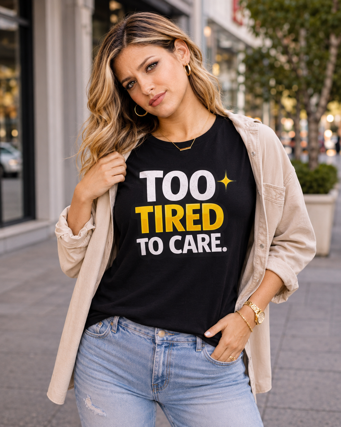 Too Tired To Care | Funny Graphic Tee, Lazy Slogan