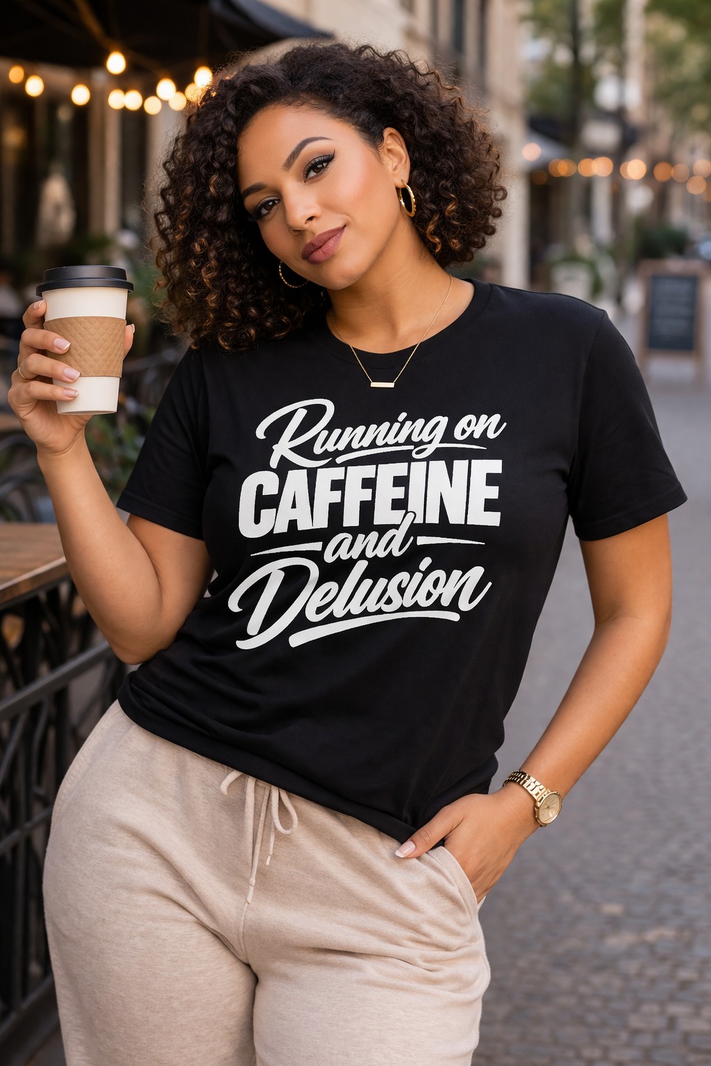 Running on Caffeine and Delusion Tee | Funny Coffee Quote Shirt